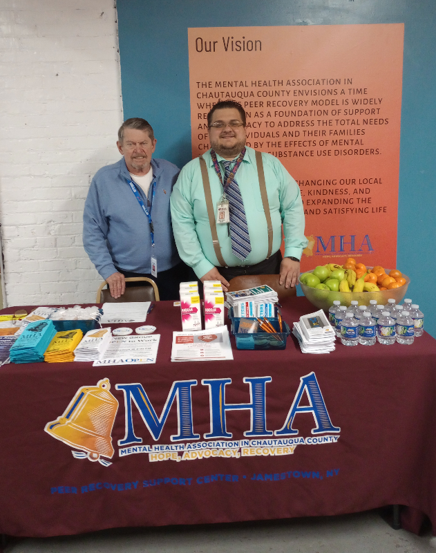 In mid-May the Mental Health Association in Chautauqua County sponsored its first Job Fair. The work of planners Peer Specialist Gordy Frederes (left) and OPEN Program Peer Justin Jimenez paid off with a successful event.