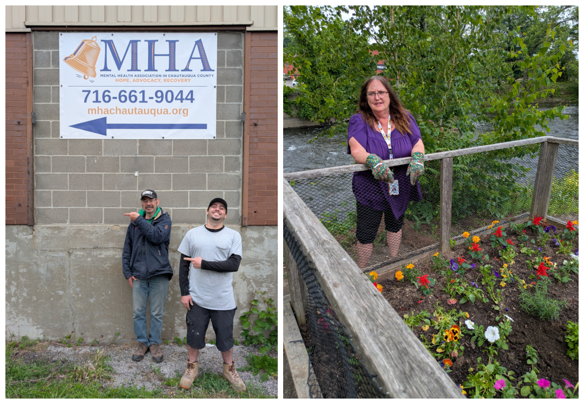 Mental Health Association volunteers Rod Dorchak (left) and Pete Carcione mounted two large directional signs to make finding the Jamestown recovery center easier. Volunteer Diana Bloom’s gardening efforts are bringing cheer to the outdoor area, including the Serenity Garden by the Chadakoin River at the rear of the Gateway Center building.