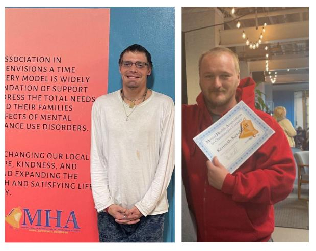 At the October recovery luncheon at the Mental Health Association in Chautauqua County (MHA), John Graham (left) was recognized for volunteering at the MHA and St. Susan Center and Kenneth Kendall II for completing treatment.