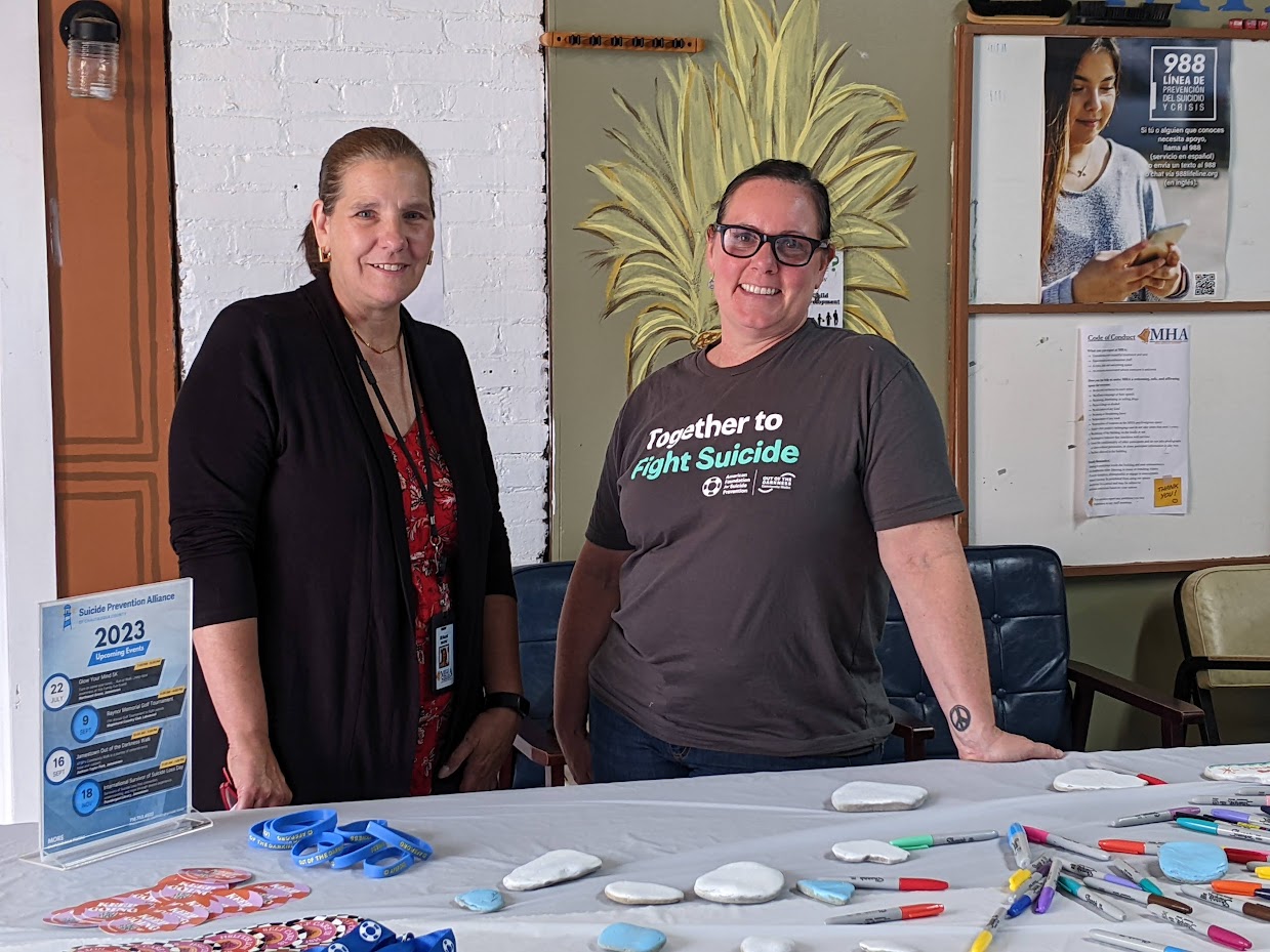 Finance Director Jill Marsh (left) welcomed Carri Raynor, program coordinator of the Suicide Prevention Alliance of Chautauqua County, to the Mental Health Association in Chautauqua County’s July recovery luncheon. Raynor offered a mindfulness activity after the meal.