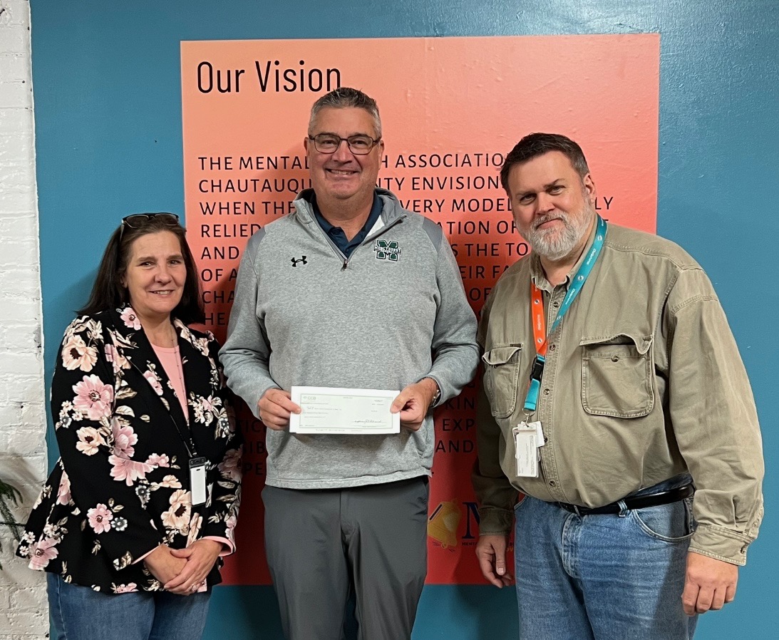 CCB Vice President for Business Development and Lending Scott Crist (center) recently presented a check for $5,000 to the Mental Health Association in Chautauqua County, represented by Finance Director Jill Marsh and Program Director Michael Nordin. The locally-owned bank has Chautauqua County offices in Lakewood and Dunkirk.